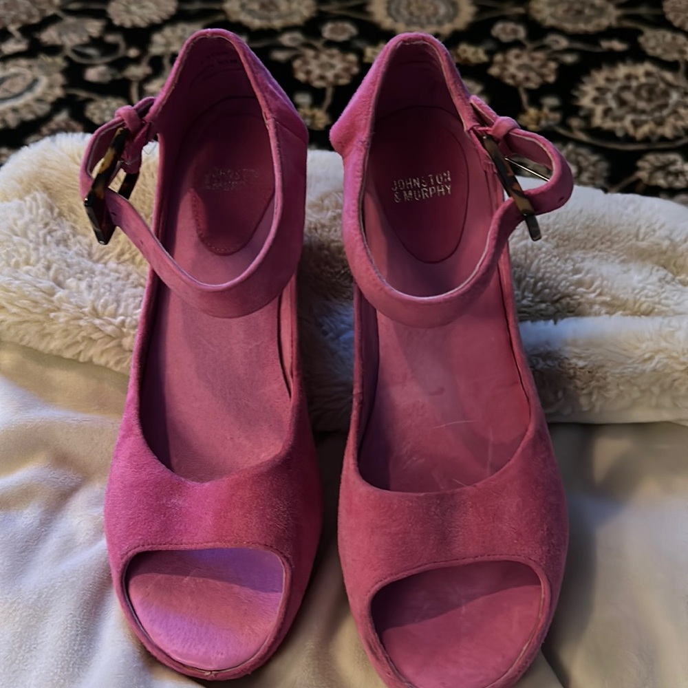 Barbie shoes! Pink suede wedge sandals. Peep toe with ankle strap Never worn